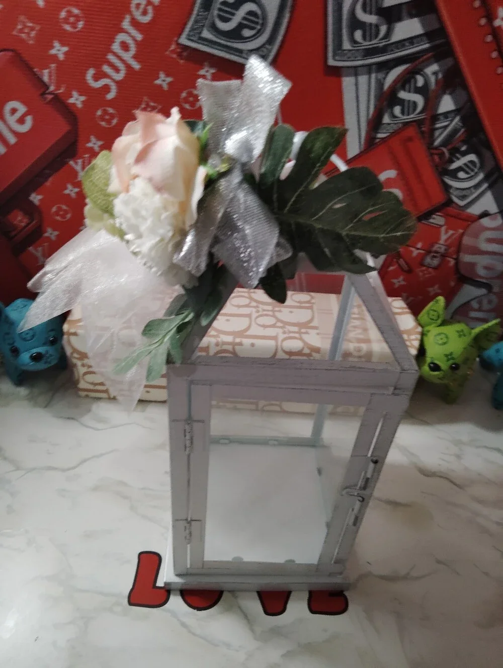 White Decorative Lantern with Pink Rose Accent - Home Accents